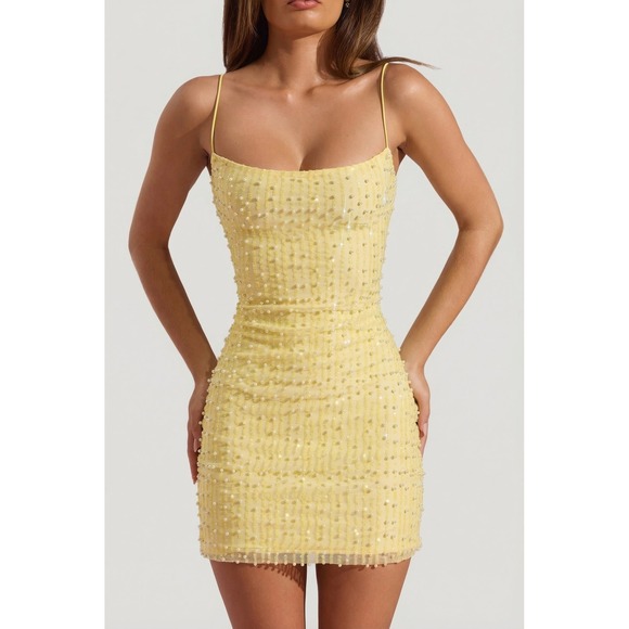 Oh Polly Dresses & Skirts - Oh Polly Yellow Pearl Sequin Mesh Mini Dress Spaghetti Strap Bodycon US 2 new